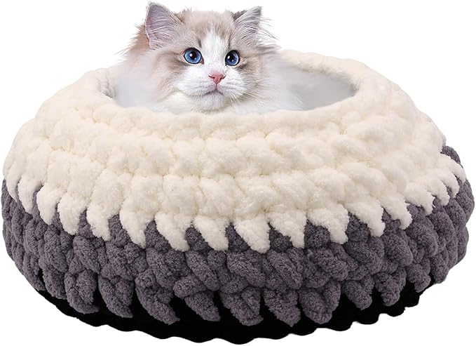 Ombre Gradient Round Cat Bed for Indoor Cats, Chunky Knit Washable & Plush Pet Bed, Cozy Nest with Non-Slip Bottom for Small Medium Cats