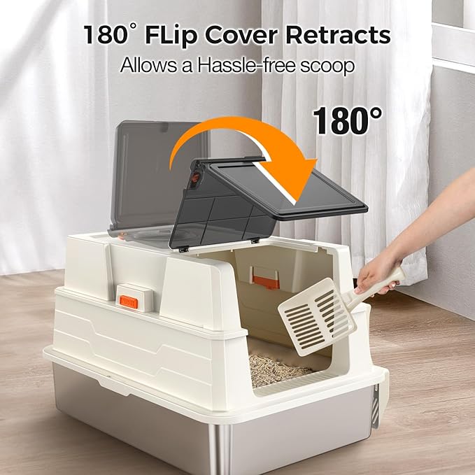 XXXL Stainless Steel Litter Box with Lid,28" L x 20.5" W x 16.5" H Extra Large Cat Litter Box Enclosure for Large and Multi-Cats Families,Non-Sticky, Anti-Leakage, Easy to Clean(White)