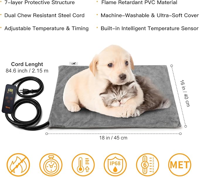 Toozey Pet Heating Pad, 6 Adjustable Temperature Dog Cat Heating Pad with Timer, Waterproof Heated Cat Bed with Chew Resistant Cord, Indoor Electric Pet Heated Mat 18x16in