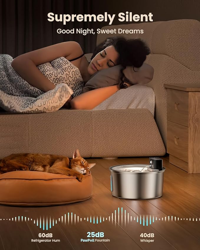 Wireless Cat Water Fountain Stainless Steel - 3.2L/108oz Cordless Pet Water Fountain Battery Operated Cats Water Dispenser Silent Rechargeable Automatic Fountain with 6 Filters 3 Sponges