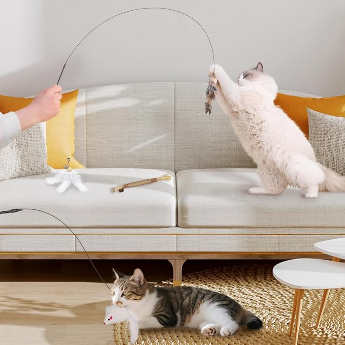 Suction Cup Cat Toys for Indoor Cats,3 in 1 Suction Cup Cat Toy,Interactive Simulation Cat Toy Set Self Play or Handheld,Feathers & Bells,Realistic Toy Mouse and Silvervine Sticks (Blue)
