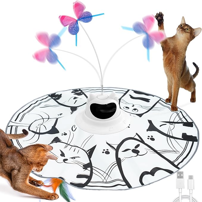 Cat Toys Interactive 2-in-1 Rechargeable Unpredicatable Moving Feather Cat Wand Hide and Seek, Spinning Butterfly, Kitten Toys for Indoor Cats Exercise