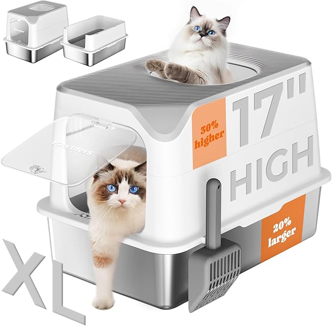 Pawtners Stainless Steel Cat Litter Box, XL Extra Large Kitty Litter Pan, Front Entry Top Exit Enclosed Metal Cat Toilet for Odor Control with Removable Lid & Scoop, Anti-Leakage, Easy to Clean