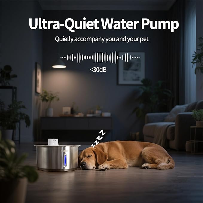 11L Wireless Smart Stainless Steel Water Fountain, Petsamuse 5000MAH Battery 2.8Gal Large Dog Water Fountain with 2 Quiet Pumps Large Dog Water Dispenser with Motion Sensor, Timer Mode & 15 Filters