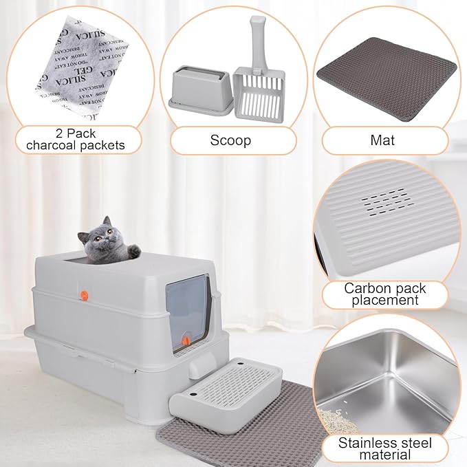 ELEGX Odor-Control Extra Large 24" L×16" W Drawer Design Stainless Steel Cat Litter Box,XL Large 4-in-1 Cat Metal Litter Box Set,Extremely Easy to Clean,Enclosed Removable with High Sided Enclosure