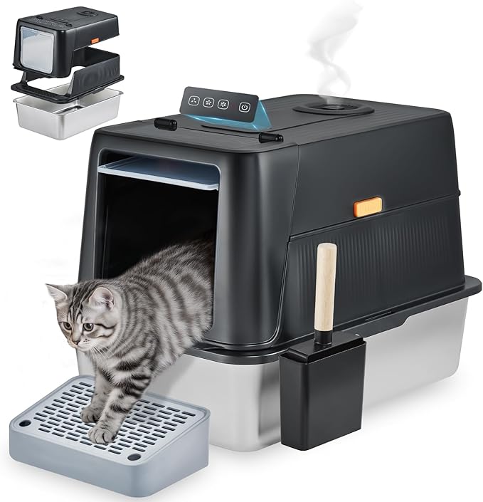 Smart Odor Control Stainless Steel Cat Litter Box with Lid, Smart Cat Litter Box with Infrared Sensor, Large Automatic Litter Boxs for Cats, 3 in 1 Design and 135° Flip-Top, Litter Scoop & Foot Pedal