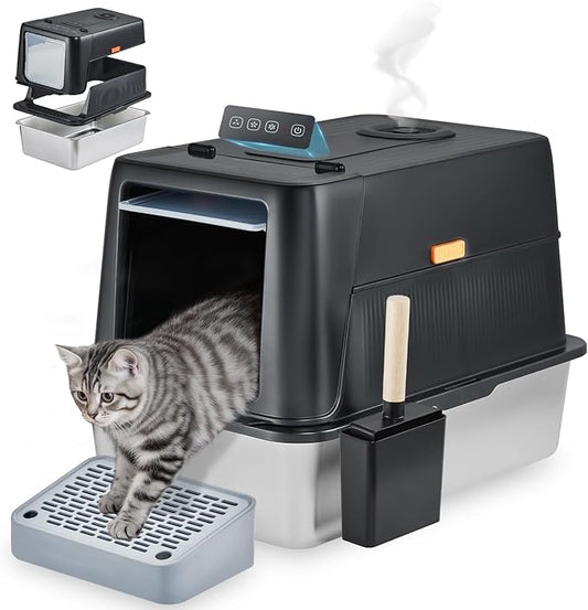Smart Odor Control Stainless Steel Cat Litter Box with Lid, Smart Cat Litter Box with Infrared Sensor, Large Automatic Litter Boxs for Cats, 3 in 1 Design and 135° Flip-Top, Litter Scoop & Foot Pedal