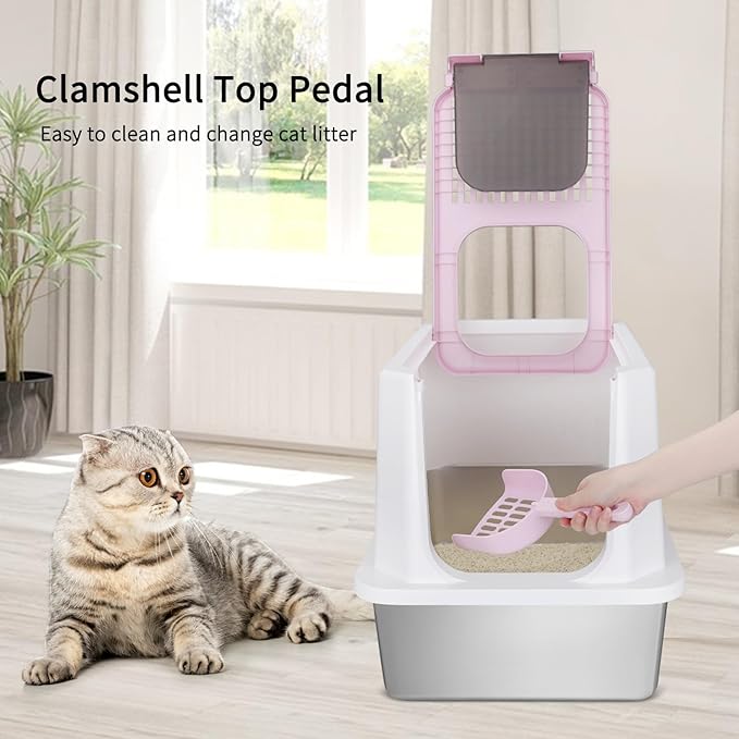 RIZZARI Stainless Steel Cat Litter Box, Odorless Enclosed Litter Box with Top Holes, Large Litter Pan for Small to Large Sized Cats (Pink, 23.8" L*15.9" W*16.1" H)