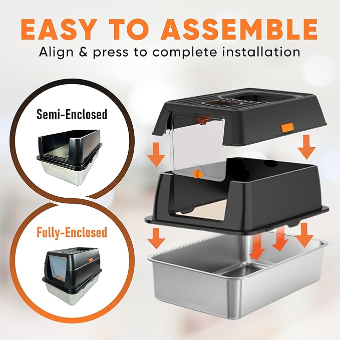 Stainless Steel Litter Box with Lid, Metal Litter Box with Scoop and Pedal, Non-Stick Top Entry Kitty Box, Covered Litter Boxes, Extra Large Cat Stainless Litter Boxes with Mat (Black)