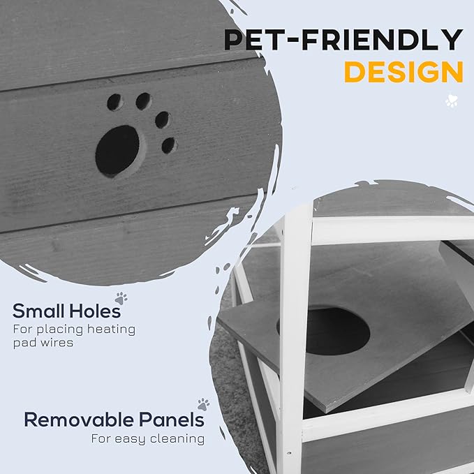 PawHut Wooden Outdoor Cat House, Feral Cat Shelter Kitten Condo with Asphalt Roof, Escape Doors, Condo, Jumping Platform, Light Gray