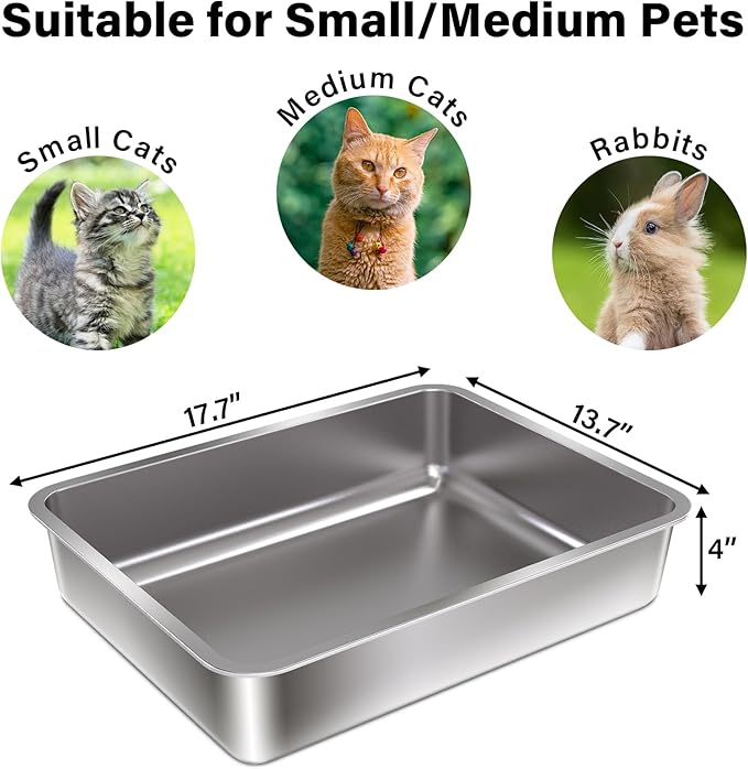 Stainless Steel Litter Box - 17.7" L x 13.77" W x 4" H Metal Cat Litter Box, Non Stick, No Smell, Easy Entry,Easy to Clean,Metal Litterbox for Kitten,Elderly Cats,Bunny