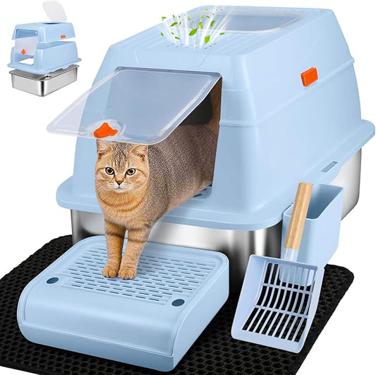 Vivifying Stainless Steel Litter Box with Lid, XL Front Entry Enclosed Extra Large Litter Box for Big Cats & Kitty, Top Exit Metal Cat Pan with Scoop, Mat, Step, Charcoal Filter (Blue)