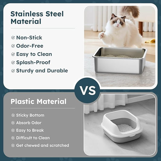 Stainless Steel Cat Litter Box - Metal High-Sided Litter Pan for Cats, Rabbits, and Pets, Non-Stick, Odor-Free, Easy to Clean, Splash-Proof, Sturdy and Durable Indoor Cat Toilet Supplies