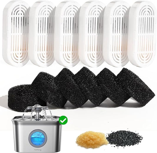 6 Pack Replacement Filters + 6 Pump Sponges for Feelneedy Cat Water Fountain [FN-W22] - 99oz/2.8L Pet Water Fountain Filters