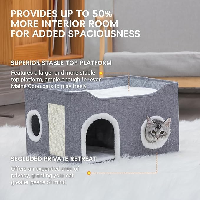 Cat House for Indoor Cats – Foldable Cat Cave & Covered Cat Bed, Cozy Hideaway for Small Pets and Large Cats (23.6"x16"x12.8"),Grey