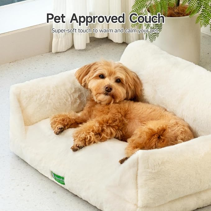 MEWOOFUN Cat Couch Beds for Indoor Cats and Small Dogs, Dog Couch Bed with Non-Slip Bottom & Washable Cover, Fluffy Cat Sofa for Cats and Small Pets (White,26x18x11.5)
