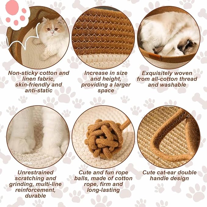 Stimulicat Cat Bed, Stimulicat Handwoven Cat Basket, Foldable Round Cotton Rope Cats Beds with Toy Tail and Built-in Scratching Pad, Scratch Resistance Easy to Clean (Brown+Cushion, Large)