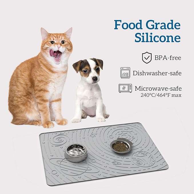 OHMO Dog Food Mat, Silicone Waterproof Cat Food Mat, Non-Skid Spill Proof Pet Feeding Mat for Food and Water, Easy to Clean Dog Placemat(Ash, 23.6" x 15.8")
