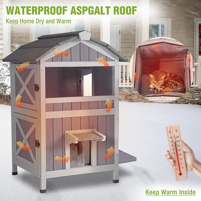 GUTINNEEN Insulated Cat House Outdoor Weatherproof Feral Cat Shelter for Winter, Two-Story Kitten House with Escape Door