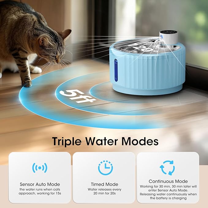 Wireless Cat Water Fountain, 94 oz/2.8 L Battery Operated Pet Water Fountain for Cats Inside, Automatic Dog Water Fountain with Stainless Steel Tray, Motion Sensor, Quiet Pump (Blue)