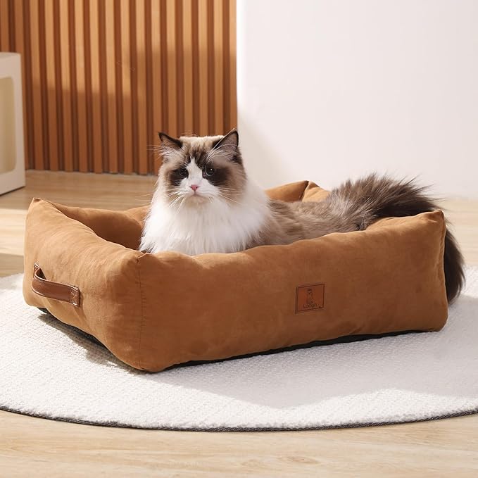 20In Dog Bed for Small Medium Sized Dogs and Cats - Washable Rectangle Puppy Bed for Indoor Outdoor, Cozy Pet Bed with Support Pillow & Non-Slip Bottom(Brown, Small)
