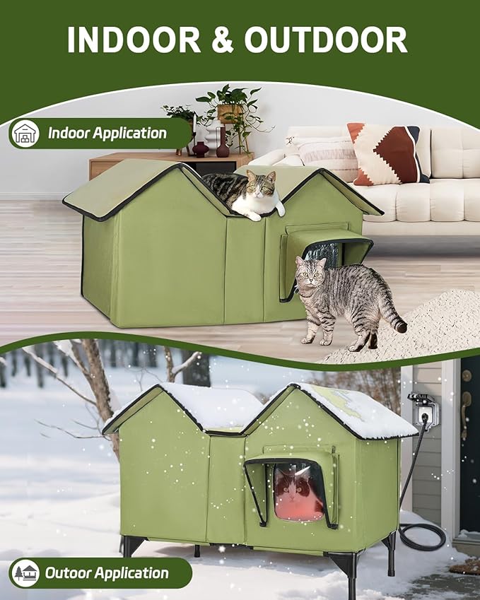 Extra Wide Large Heated Cat House for Outside, Elevated Waterproof Outdoor Cat House Weatherproof for Winter, Insulated Outdoor Cat Shelter with Escape Doors and Heating Pad for Multiple Cats, Green