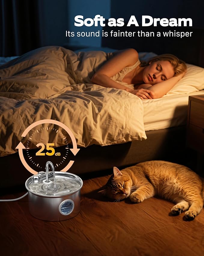 Stainless Steel Cat Water Fountain: Cat Fountain for Drinking - 88oz/2.6L Pet Water Fountain for Cats Inside- Silent Cats Water Bowl Dispenser - Kitty Drinking Fountains - 6 Filters + 3 Sponges