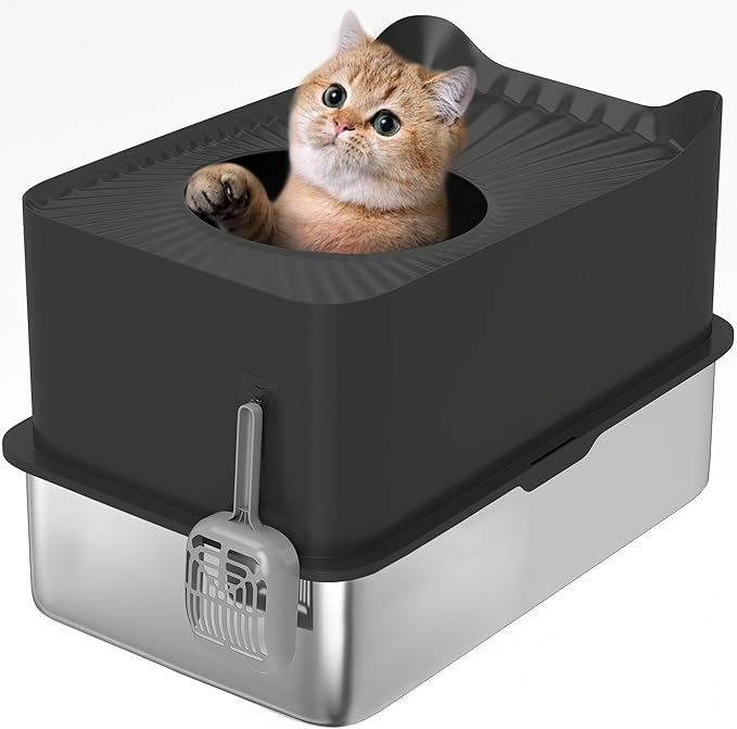 PawHut XL Stainless Steel Litter Box, Extra Large Enclosed Cat Litter Pan with High Wall Sides, Scoop, Top Entrance, Non-Slip Pads, Anti-Urine Leakage, Non-Sticky, Black