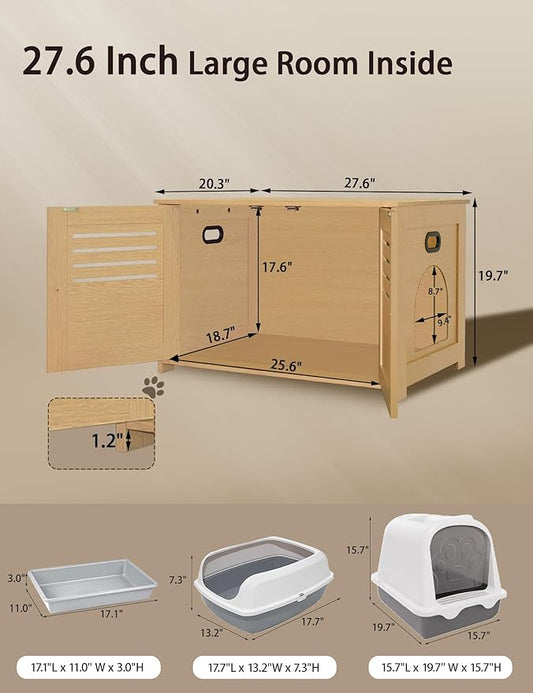 DINZI LVJ Litter Box Enclosure, Wooden Cat House with Good Ventilation, 27.6" Hidden Cat Washroom, Entrance Can Be on Left or Right, Indoor Litter Box Furniture, End Table, Natural