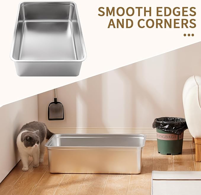 Yangbaga Extra Large Stainless Steel Litter Box, 28’’ x 20’’ x 8’’ Ultimate Metal Cat Litter Box with High Sides, Sturdy Long-Lasting Litter Pan with Anti-Slip Rubber Feet