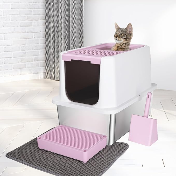 RIZZARI Stainless Steel Cat Litter Box, Odorless Enclosed Litter Box with Top Holes, Large Litter Pan for Small to Large Sized Cats (Dark Pink, 24" L*16" W*18" H)