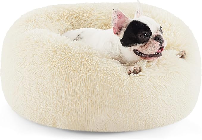Bedsure Calming Dog Bed for Small Dogs - Donut Washable Small Pet Bed, Round Anti-Slip Fluffy Plush Faux Fur Large Cat Bed, Fits up to 25 lbs Pets, Cream, 23 inches