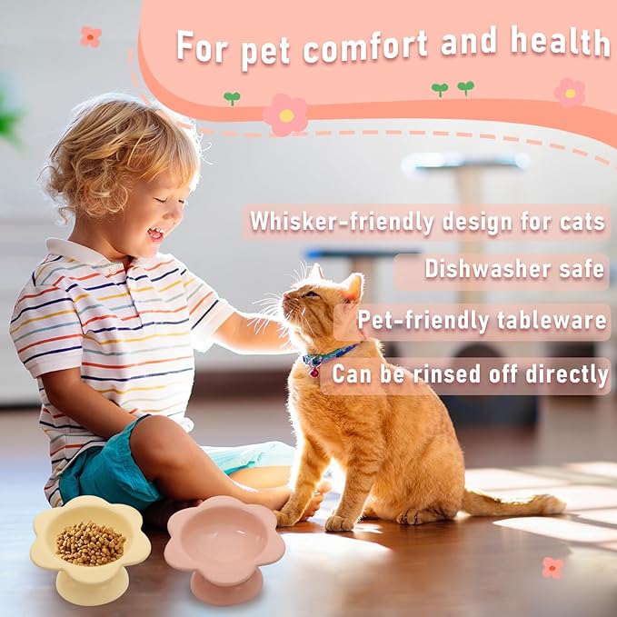 2 Pcs Ceramic Raised Cat Bowls - Flower Design, 7 oz Tilted Elevated Cat Food & Water Bowl for Anti Vomiting & Spine Protection