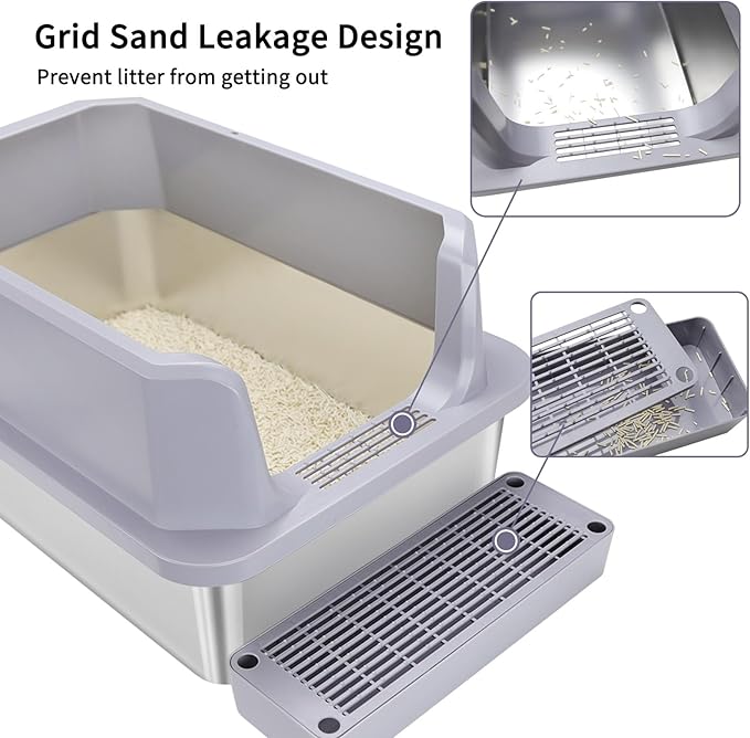 RIZZARI Large Stainless Steel Cat Litter Box: Open Top Leak-Proof Large Cat Pan - Odor Control for Indoor Multi-Cat Homes (Silver, 23.8" L*16" W*12" H)