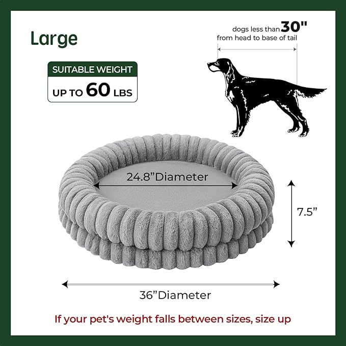 BALANCE Luxury Donut Dog Bed, 36 Inches Round Dog Beds Large Sized Dogs Washable, Orthopedic Calming Dogs Bed for Pets with Anti-Slip Bottom, Gray