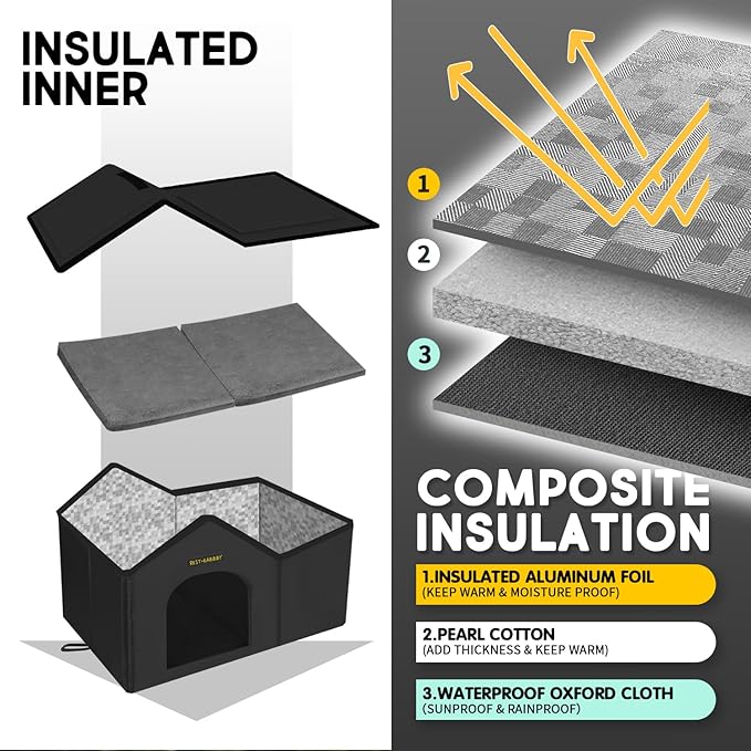 Rest-Eazzzy Cat House for Outdoor Cats, Weatherproof and Insulated Feral Cat House with Mat and Clip, Easy to Put Together, Selfwarming Cat Shelter for Winter (Black, Waterproof House-L)