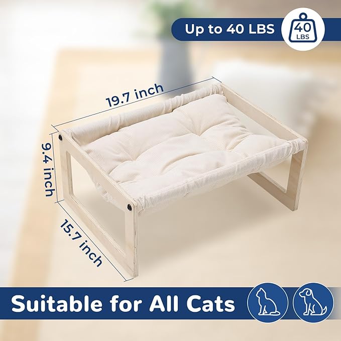 Cat Bed with Removable Washable Cushion, 9.5" Elevated Wooden Cat Hammock Bed, 360° Visibility Dog/Cat Cot with Cozy Winter Pads for Kitty, Puppy, Rabbit and All Pets