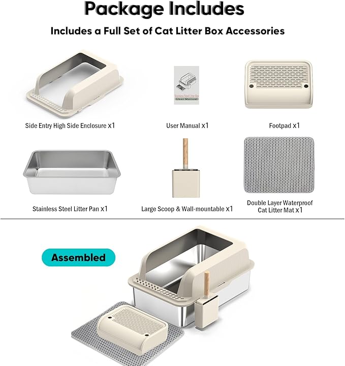 Stainless Steel Cat Litter Box with Lid, XL Large Litter Box for Big Cats, Enclosed Kitty Litter Pan with High Sides, Anti-Leakage&Non-Stick, Easy to Clean, Included Scoop, Aisle and Mat Beige