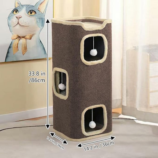 Empet Cat House for Indoor Cats Beds, Multi-Level Cat Condo, Foldable Cave Bed Brown, (3-Level)