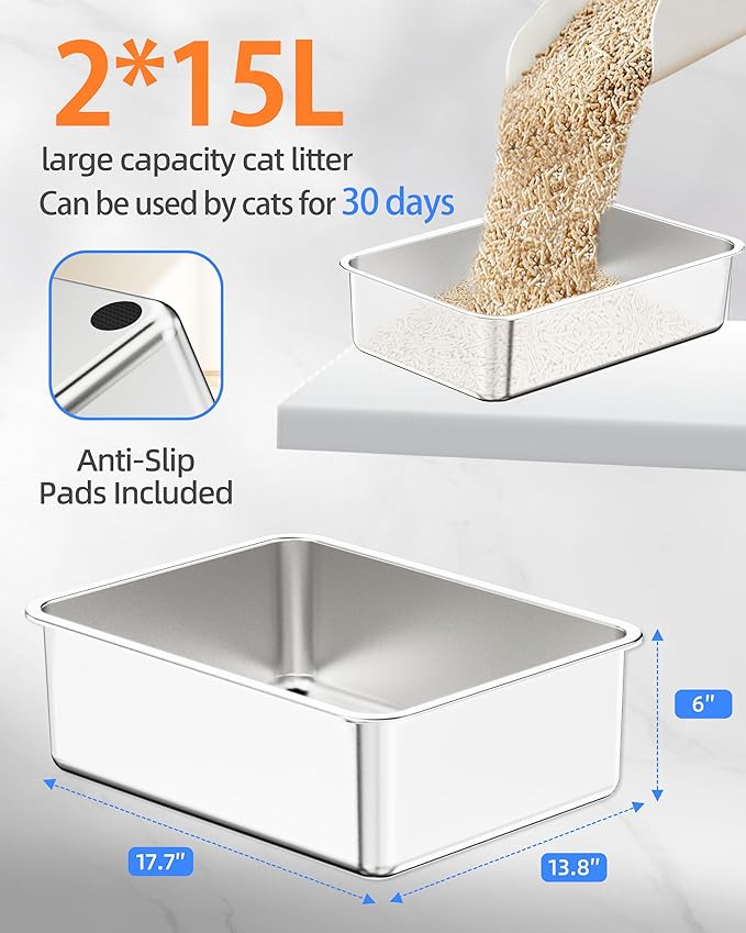 Stainless Steel Litter Box Set- [4-in-1] Cat Litter Box with Litter Scoop, Brush, Cat Wands, Non-Sticky Metal Litter Box for Cat, Kitty, Rabbit, Odorless, Easy Clean (17.7“ x 13.8" x 6",2 Pack)