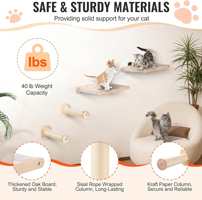 VEVOR Wall Mounted Cat Shelves, Perches with Jumping Posts & Hammocks, Cat Furniture Set up to 40 lbs, Removable & Washable Coral Fleece for Sleeping, Playing, Climbing, Set of 4