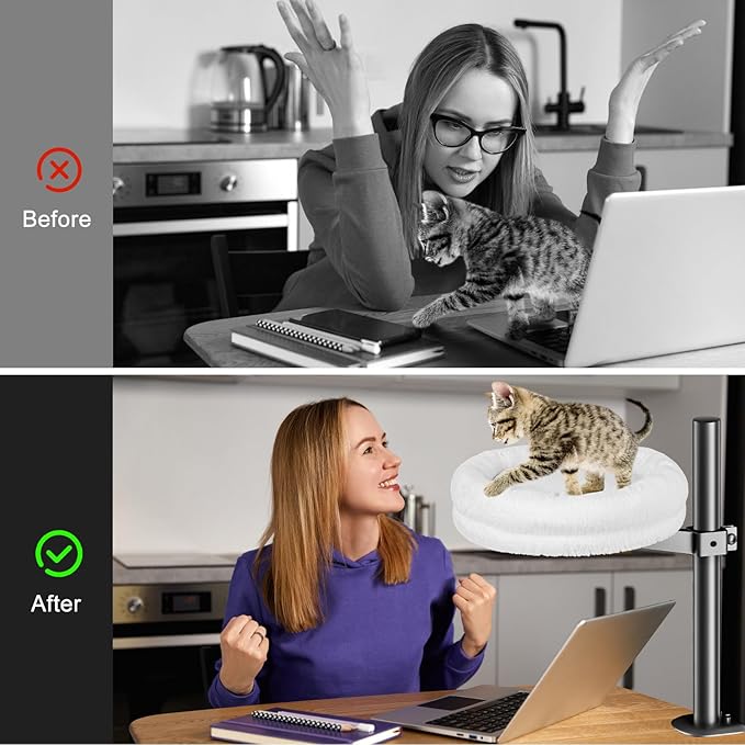 Cat Desk Bed, Supports Up to 50 lbs, Comfortable Soft Perch, Nest Bed Attachment Round Cat Hammock for Desk 360° Rotating & Adjustable Height (White)