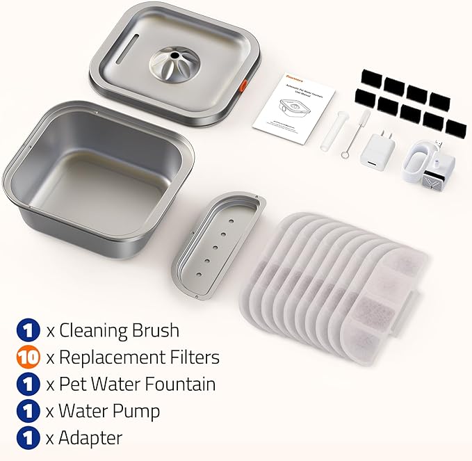 Cat Water Fountain Stainless Steel: 4L/140oz Pet Fountain Water Bowl Indoor, Automatic Dog Drinking Dispenser, Cat Feeding Watering Supplies, Metal Kitty Waterer Fountain, 10 Replacement Filters