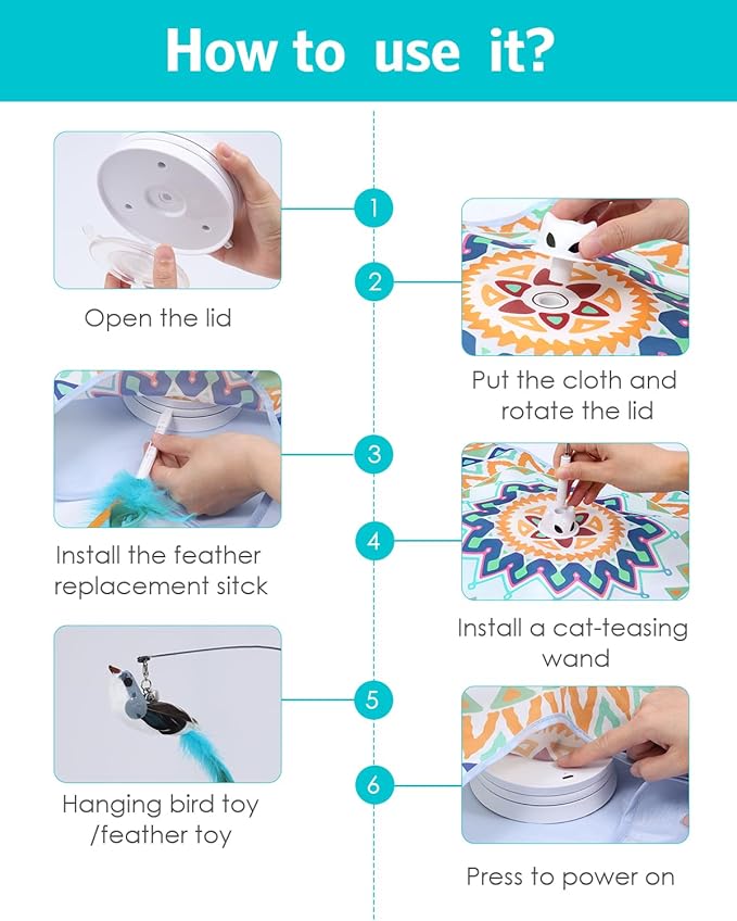 Interactive Cat Toy, Rechargeable Cat Toys for Indoor Cats, Automatic Cats Chasing Toy, Hide & Seek, 2 Modes, Self-Holding Suction Base, 3-in-1 Feather Toys with 1 Teaser Pole, 4 Replacements