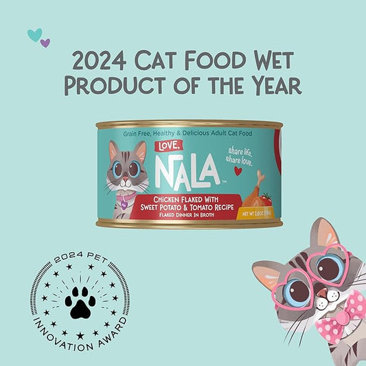 LOVE, NALA - Natural Adult Cat Wet Food - FLAKED Chicken, Sweet Potato, Tomato in Broth - Grain Free, Non-GMO, Digestive Fiber, Vitamins, Minerals - 12 Pack 2.4 lbs.