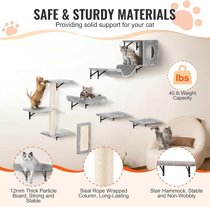 VEVOR Wall Mounted Cat Shelves, Perches with Jumping Boards, Hammock, Sofa, Cat Furniture and Shelves up to 40 lbs for Sleeping, Playing, Climbing, Set of 6