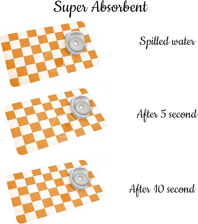 Ralxion Checkered Dog Feeding Mat, Absorbent Mats for Dog Food and Water Bowl, Dispenser, Aesthetic Orange Checkerboard Pet Placemat for Dogs, Cats, Puppy Accessories (Orange, 12 x 19)