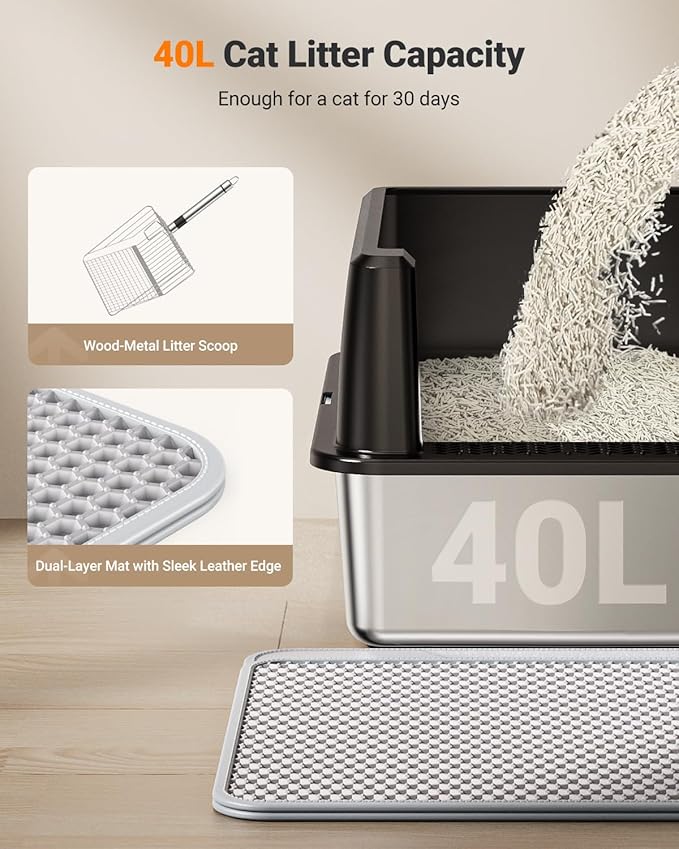 XL Stainless Steel Litter Box, Large Metal Cat Litter Box with High Sided for Big Cats, Enclosed Litter Boxes with Lid, Easy-Clean Cat Litter Mat & Scoop Kit, Anti-Urine Leakage (Black)