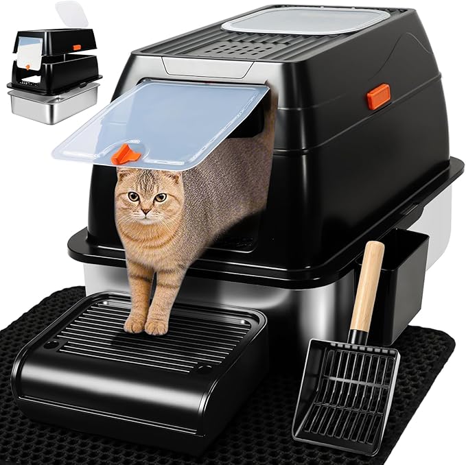 Vivifying Stainless Steel Litter Box with Lid, XL Front Entry Enclosed Extra Large Litter Box for Big Cats & Kitty, Top Exit Metal Cat Pan with Scoop, Mat, Footboard, Charcoal Filter (Black)