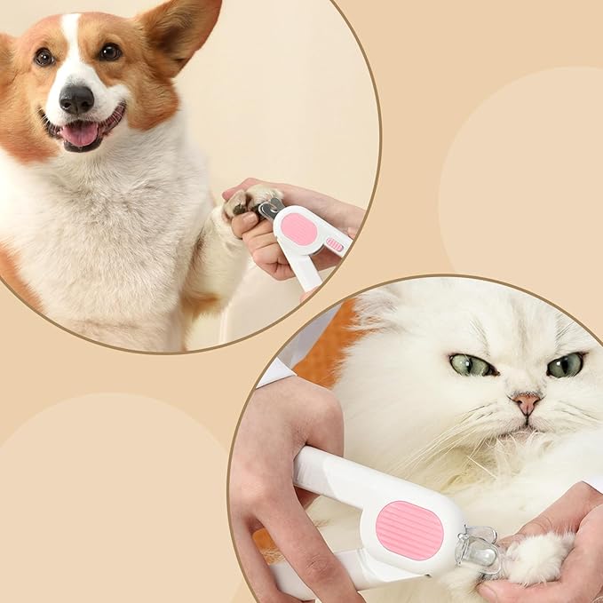 Odoland Cat Nail Clipper with LED Light and Nail File, Dog Claw Trimmer with Bright Light to Avoid Excessive Cutting - Pet Grooming Tool for Tiny Dog Cat Kitten Bunny Rabbit Pink